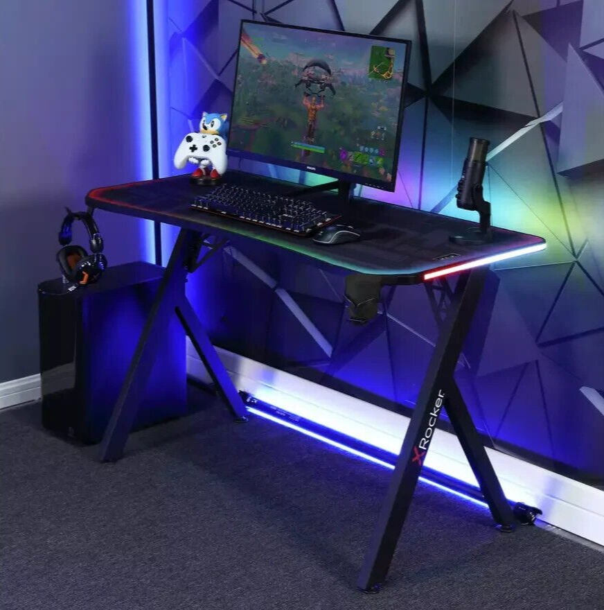 X Rocker Lumio Office Gaming Desk - Black | Black LED Computer Table for Gamers