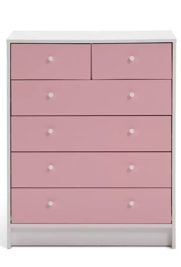 Kids Malibu 6 Drawer Chest - Pink & White (B GRADE 1033.)
