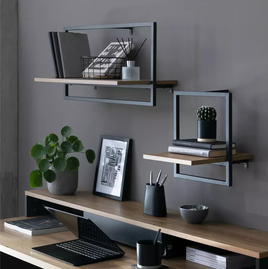 Home Loft Living Set of 2 Metal Shelves Oak | Wall Mounted Storage Shelving Furn