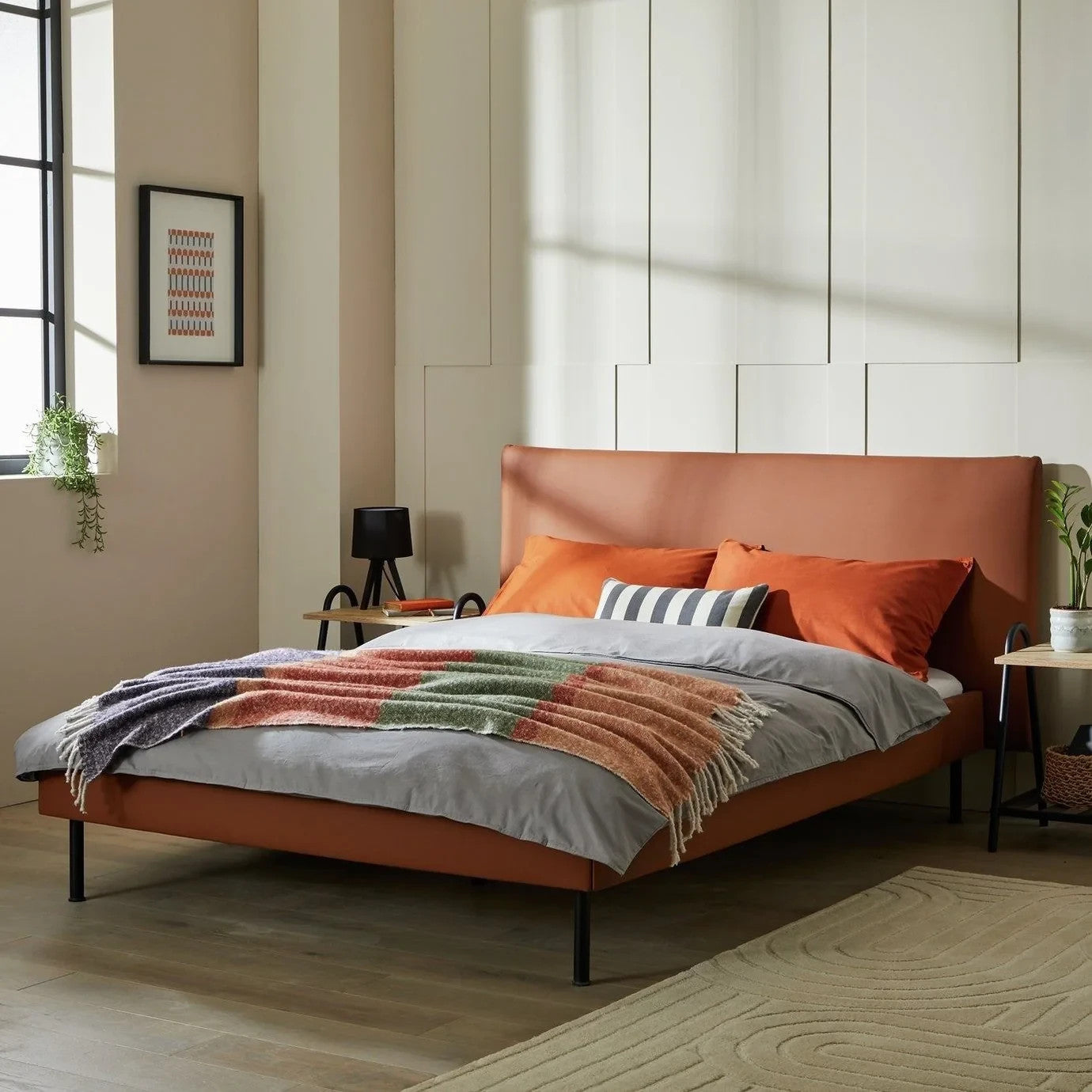 Flux Double Bed Frame Tan | Upholstered Double Bed Bedroom Furniture