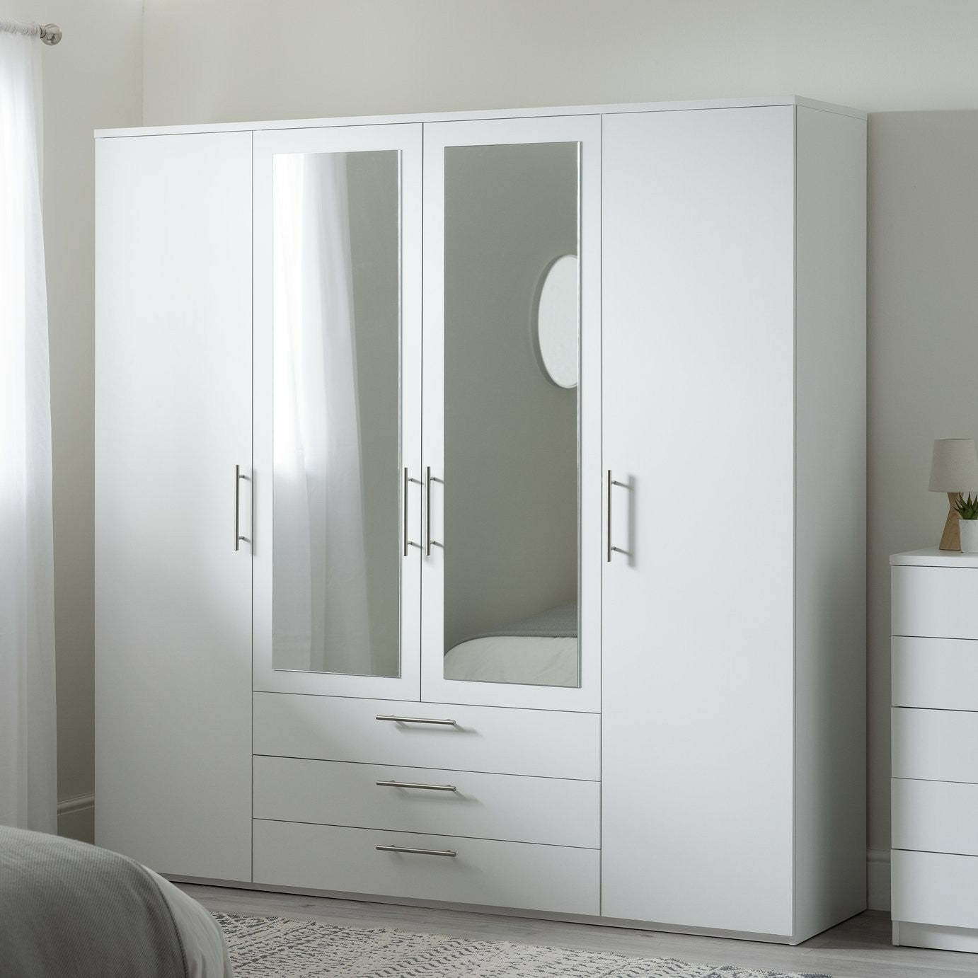 Brisbane 4 Door 3 Drawer Mirror Wardrobe - White |Spacious Clothing Organization