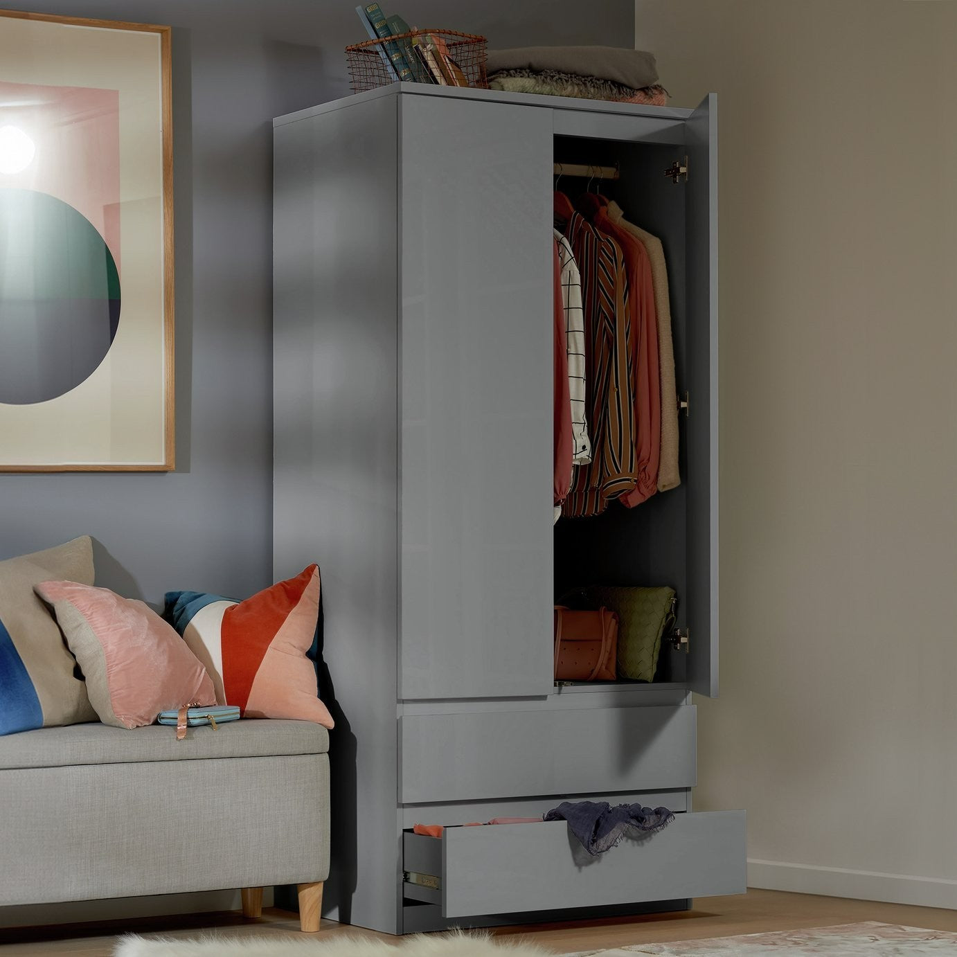 Home Jenson 2 Door 2 Drawer Wardrobe - Gloss Grey | High Shine Furniture