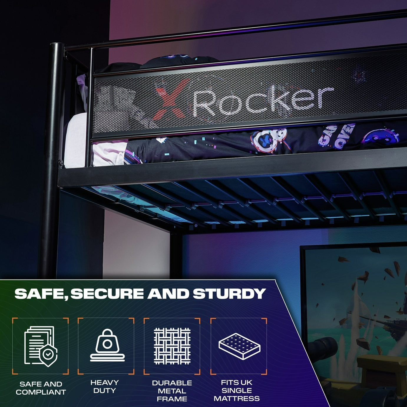 X Rocker HQ RGB LED Gaming High Sleeper Bed with Desk- Black | Integrated Study
