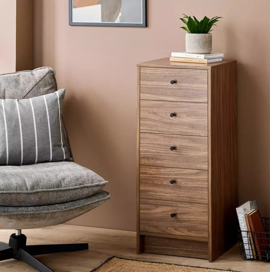 Home Malibu 5 Drawer Tallboy Walnut | Tall Storage Cabinet Furniture Unit