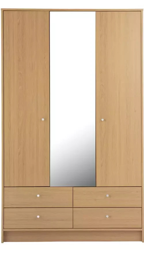 Home Malibu 3 Door 4 Drawer Mirror Wardrobe Oak Effect | Bedroom Storage