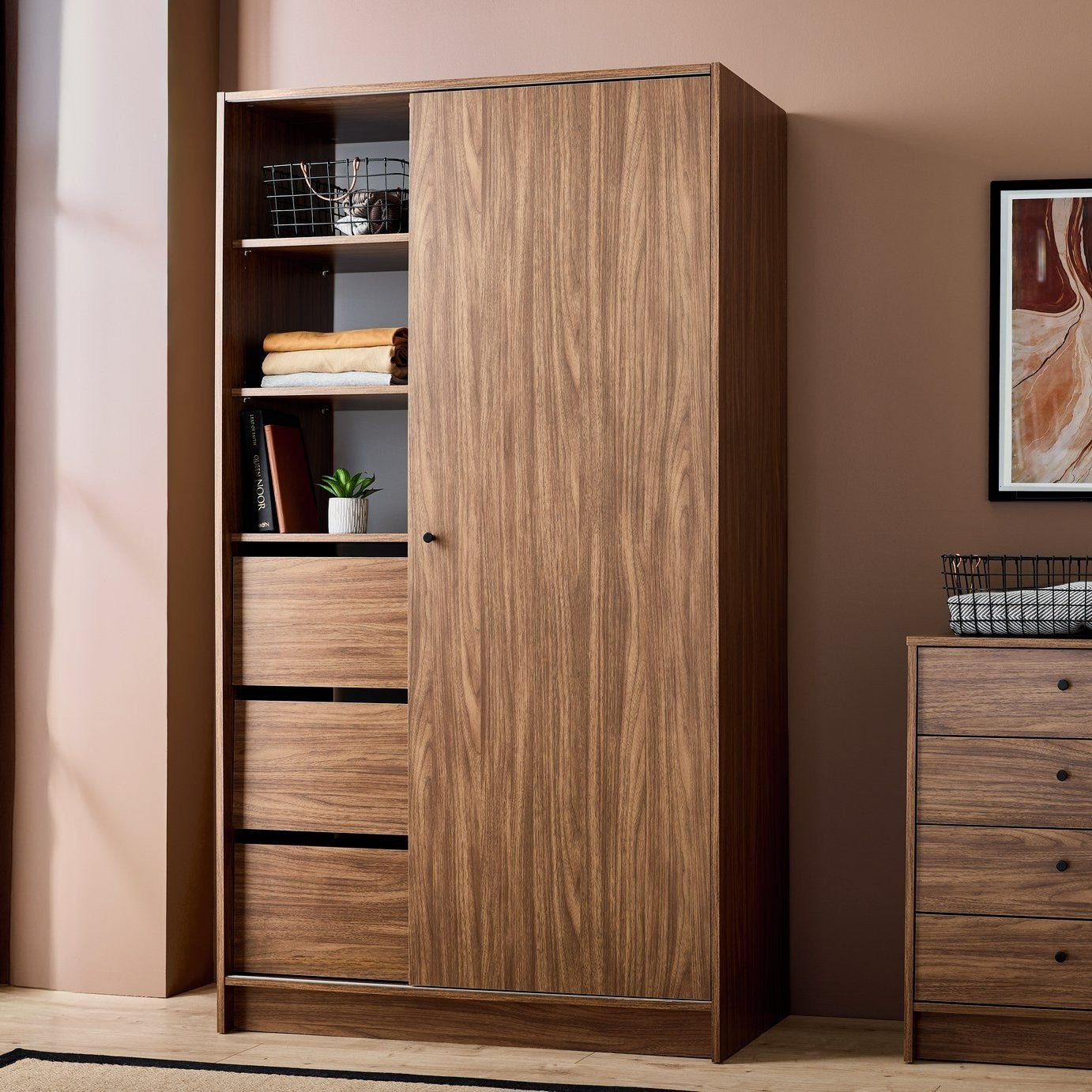 Malibu 1 Door 3 Drawer Sliding Wardrobe - Walnut | Smart Space-Saving Storage