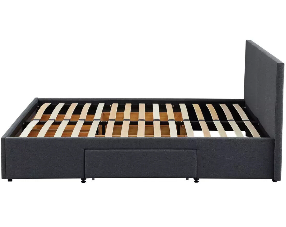 Heathdon 4 Drawer Kingsize Fabric Bed Frame - Grey | Upholstered Storage Bedstea