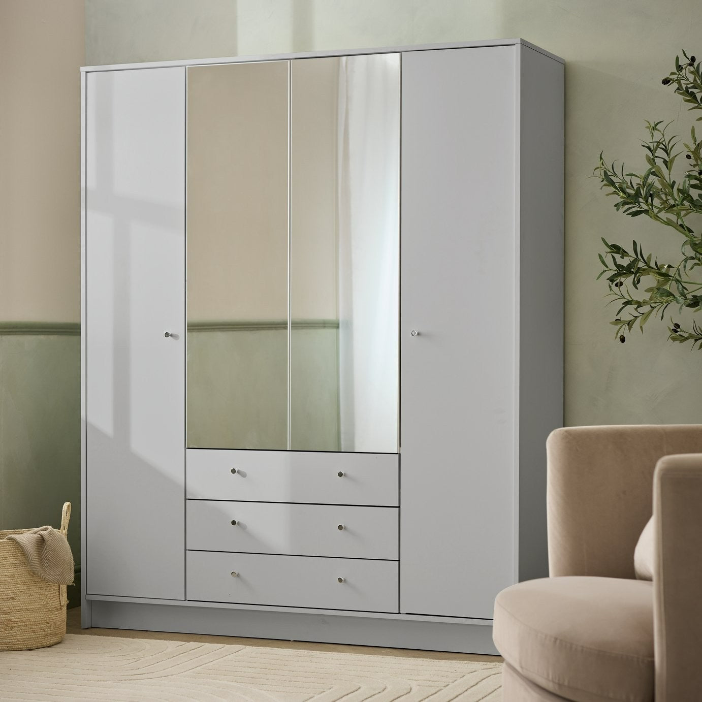 Home Malibu 4 Door 3 Drawer Mirror Wardrobe - Grey | Reflective Design Feature
