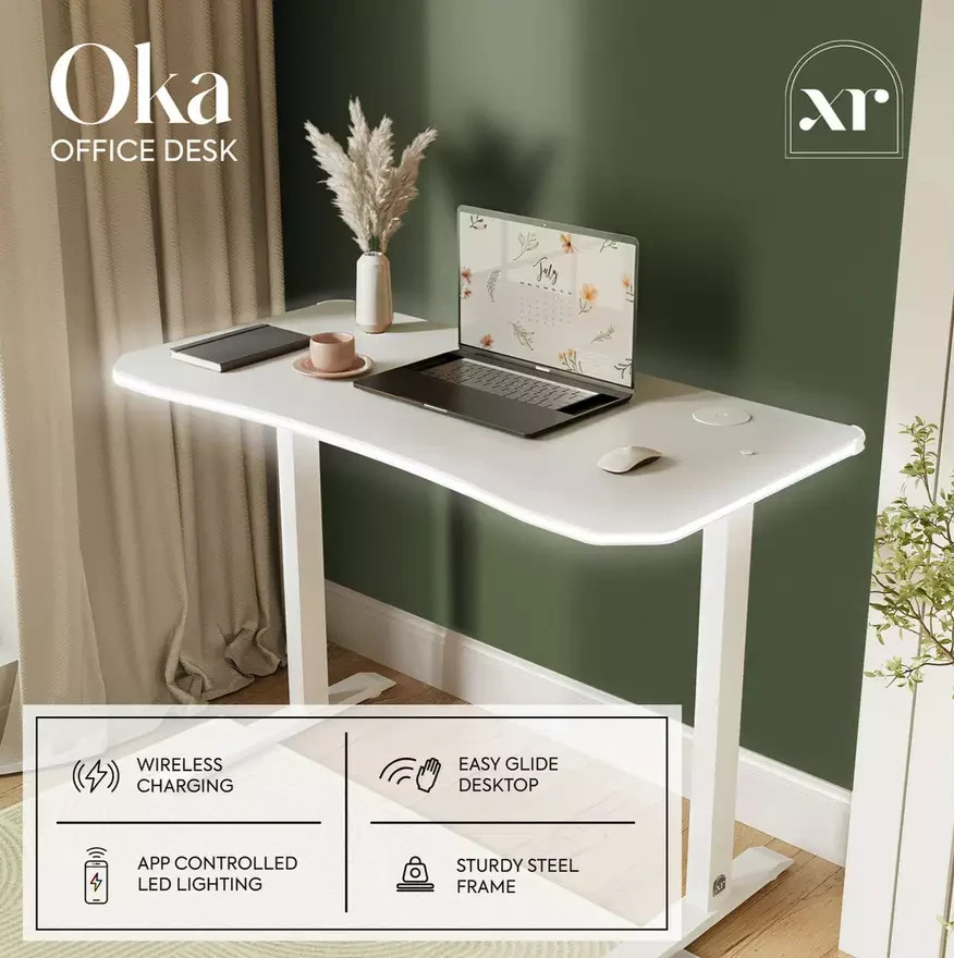 XR Living Oka RGB LED App Control Office Desk 110x55cm White | Gaming Computer