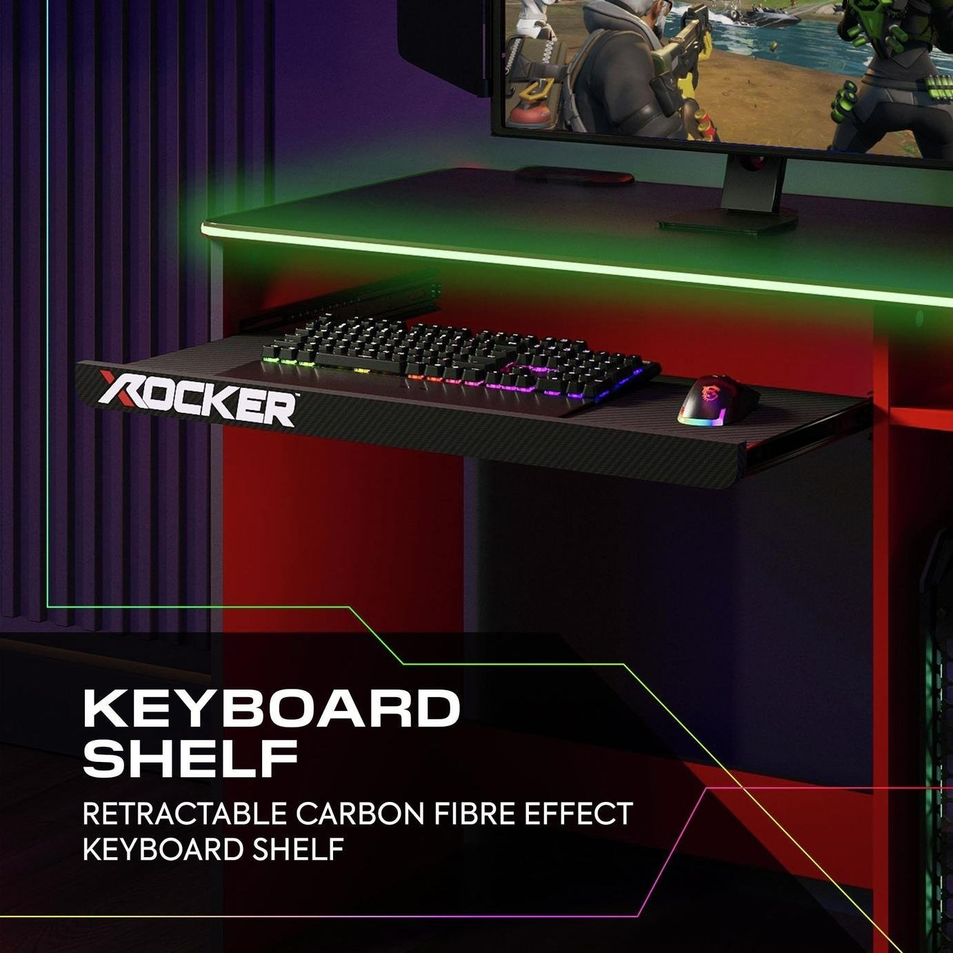 X Rocker Carbon-Tek Adapt LED Gaming Desk - Grey | Ergonomic Workspace Setup RGB