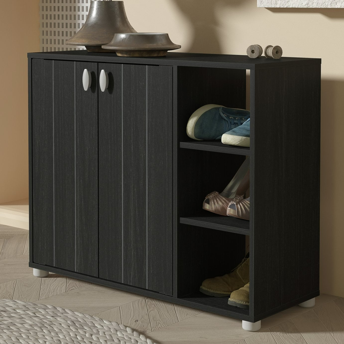 GFW Bideford 2 Door Shoe Storage Cabinet - Black | Footwear Storage Solution