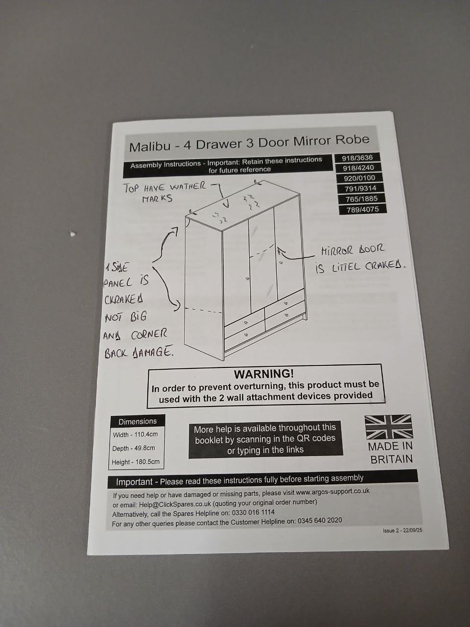 Home Malibu 3 Door 4 Drawer Mirror Wardrobe - Grey (B GRADE 1075.)