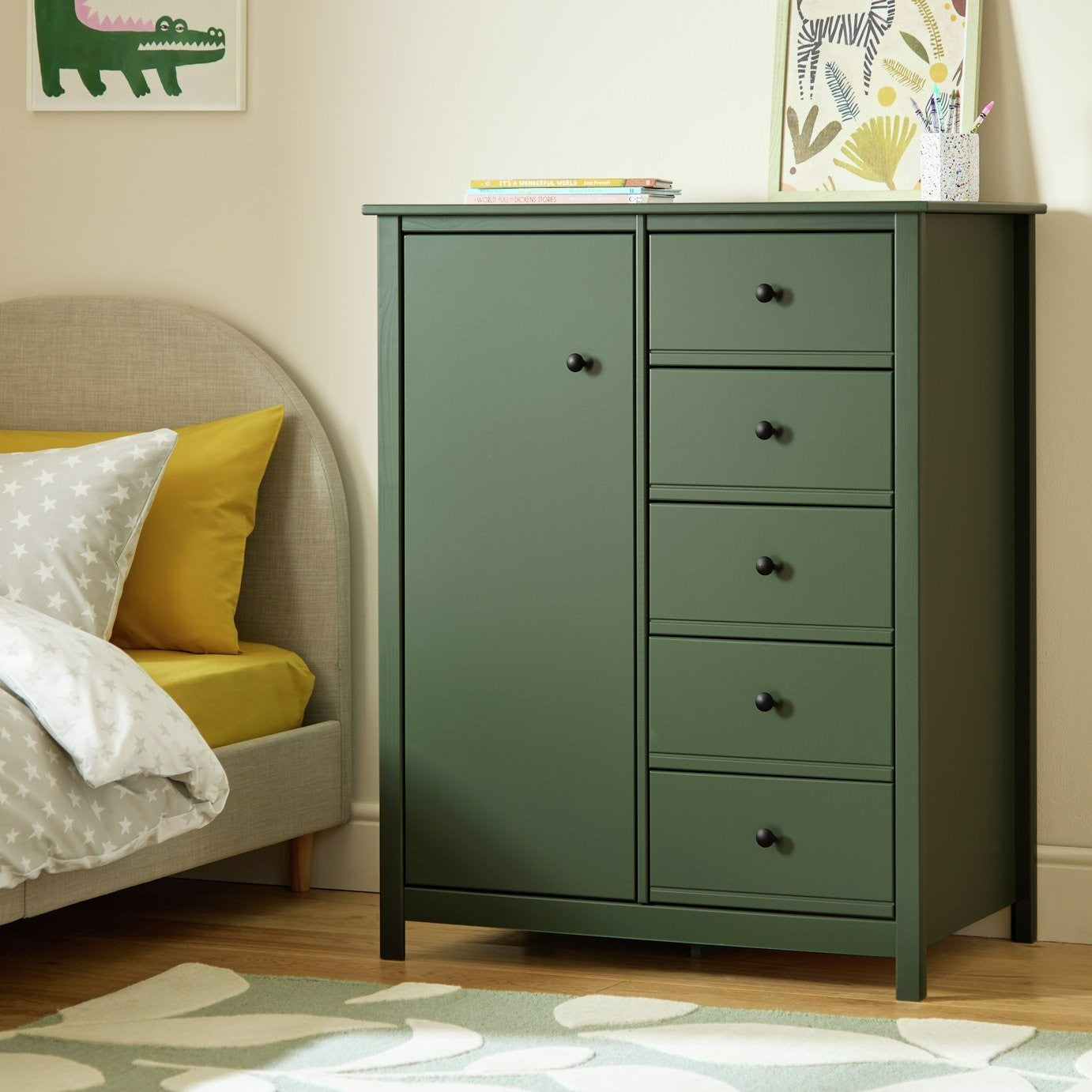 Brooklyn 1 Door 5 Drawer Short Wardrobe - Sage Green | Short wardrobe