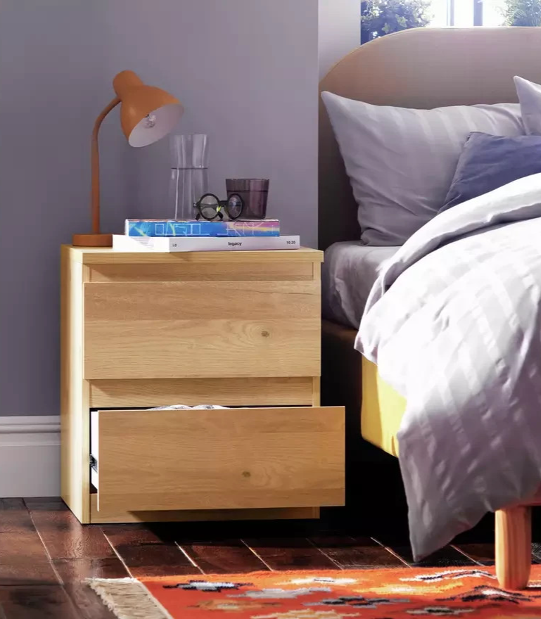 Home Jenson 2 Drawer Bedside Table Oak Effect | Bedroom Storage Nightstand Unit