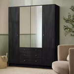 Malibu 4Dr 3 Drw Mirror Wardrobe-Black Oak Effect | Dark Wood Look