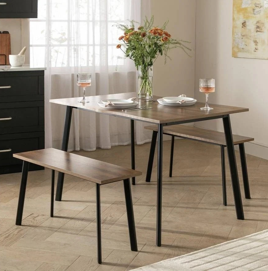 Railo Walnut Dining Table & 2 Walnut Benches | Wooden Dining Room Furniture Set