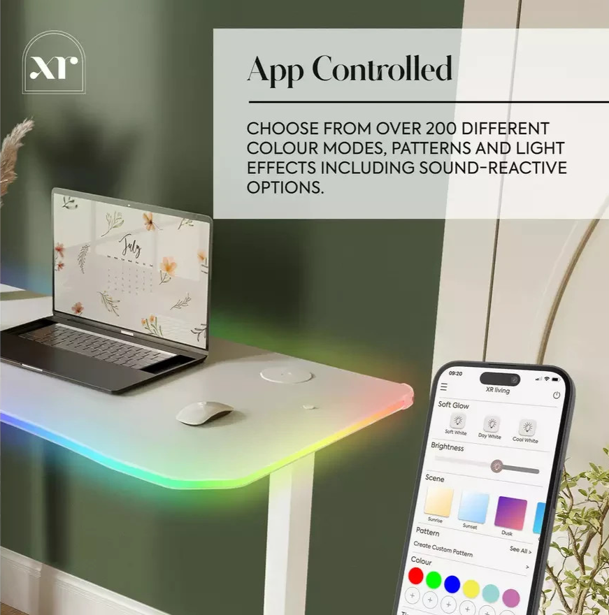 XR Living Oka RGB LED App Control Office Desk 110x55cm White | Gaming Computer