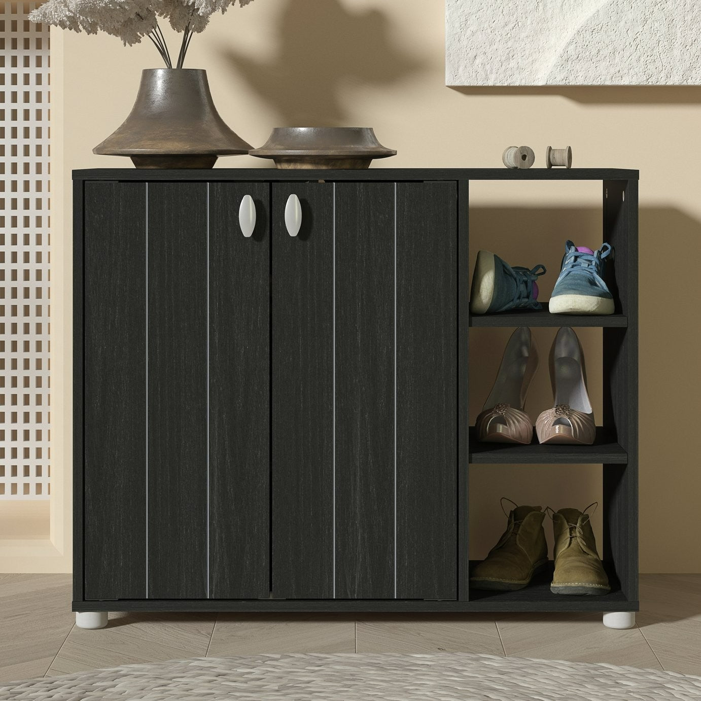 GFW Bideford 2 Door Shoe Storage Cabinet - Black | Footwear Storage Solution