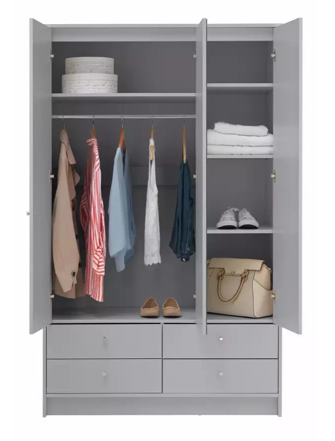Home Malibu 3 Door 4 Drawer Mirror Wardrobe - Grey | Modern Bedroom Storage