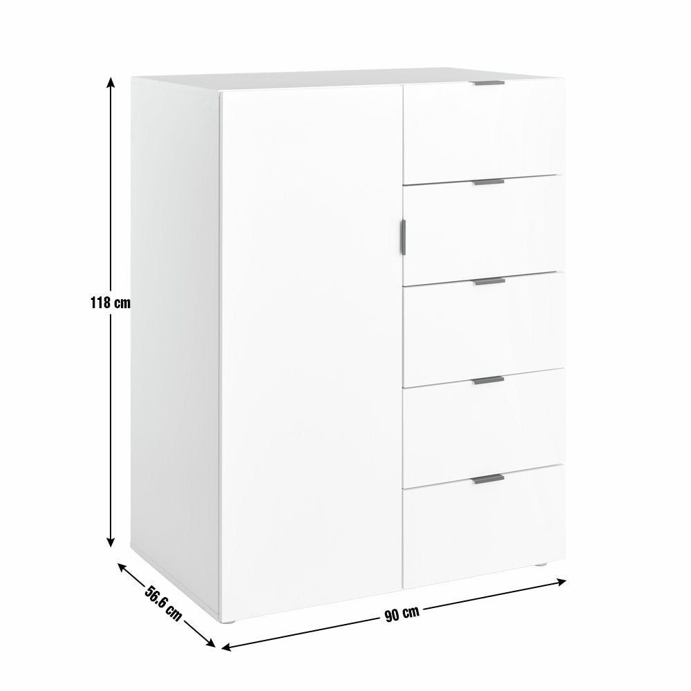 Zeke 1 Door 5 Drawer Short Wardrobe - White | Compact Clothing Organization