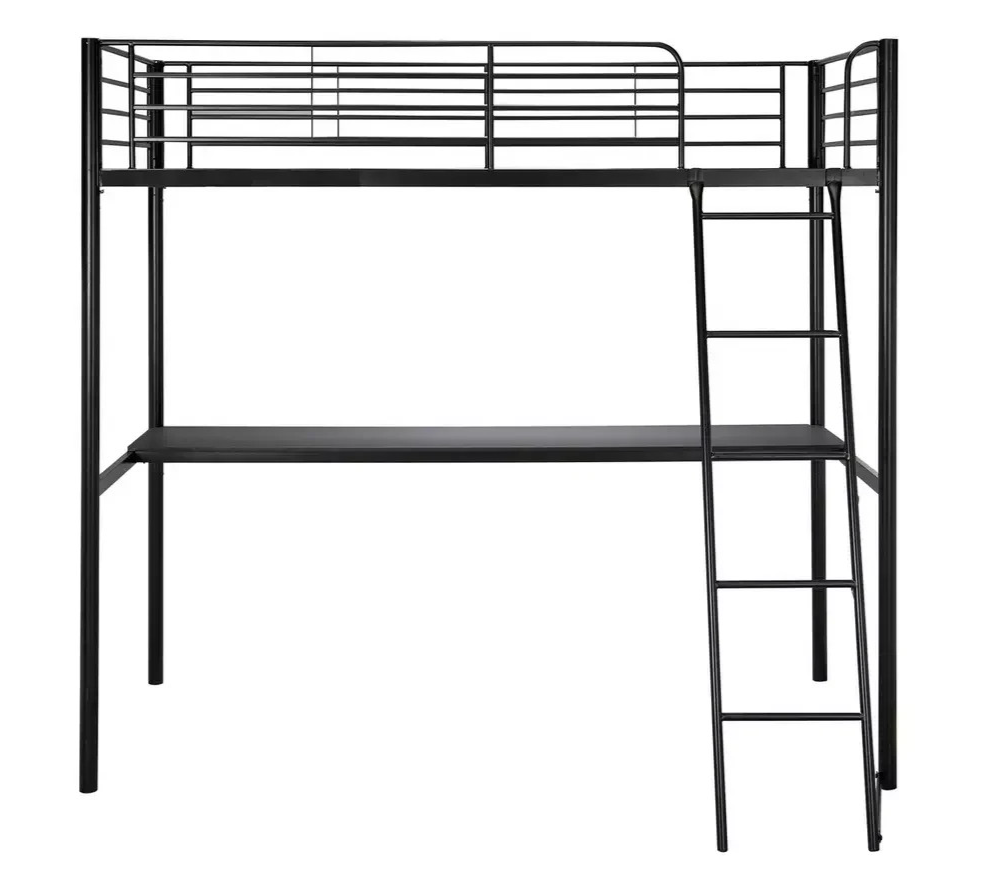 Riley High Sleeper Metal Bed Frame with Desk Black | Kids Loft Bed Furniture