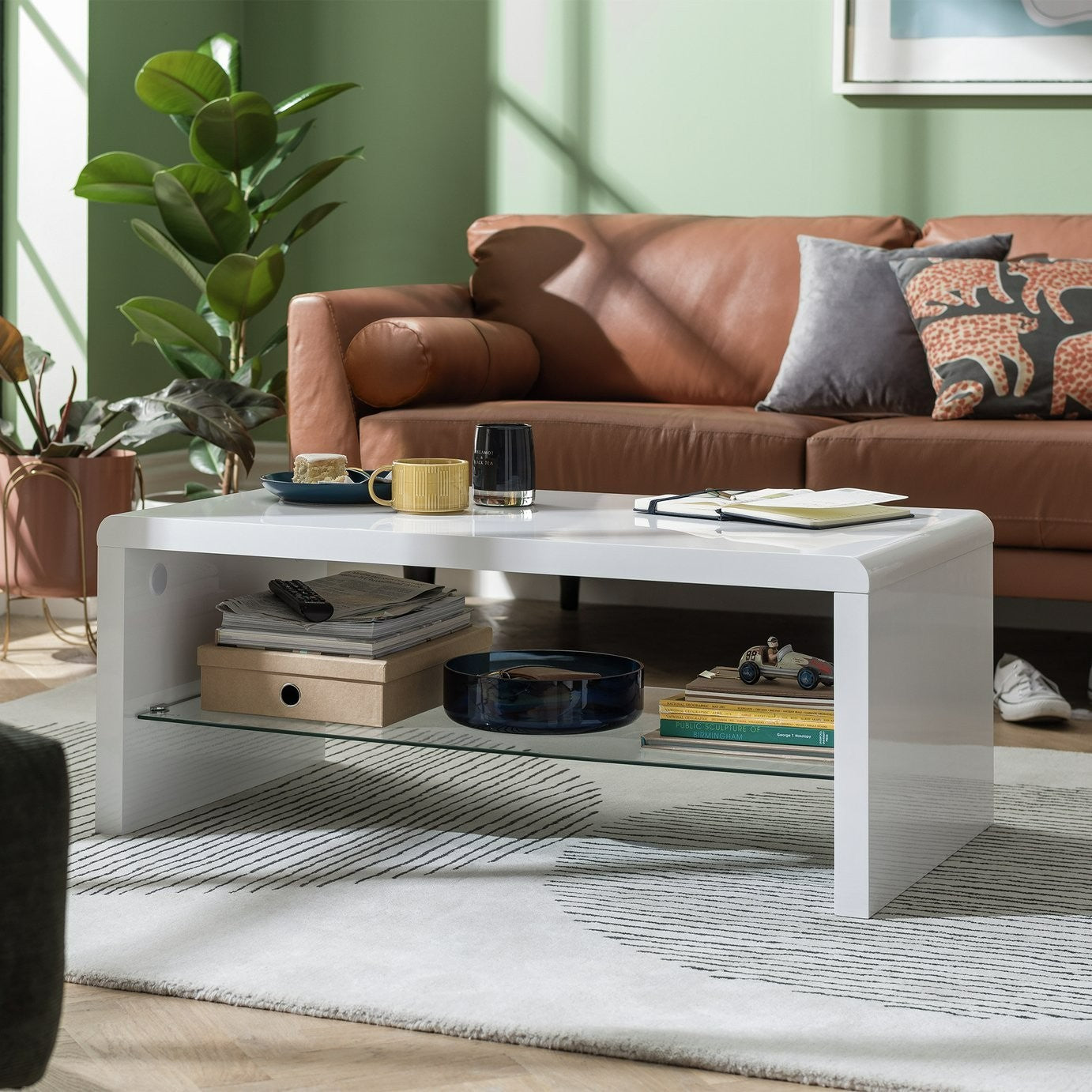 Home Sleigh 1 Shelf Coffee Table - White Gloss | Organized Magazine Area