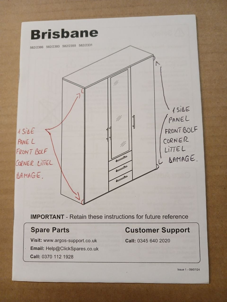 Home Brisbane 3 Door 3 Drawer Wardrobe - White (B Grade-1068.)