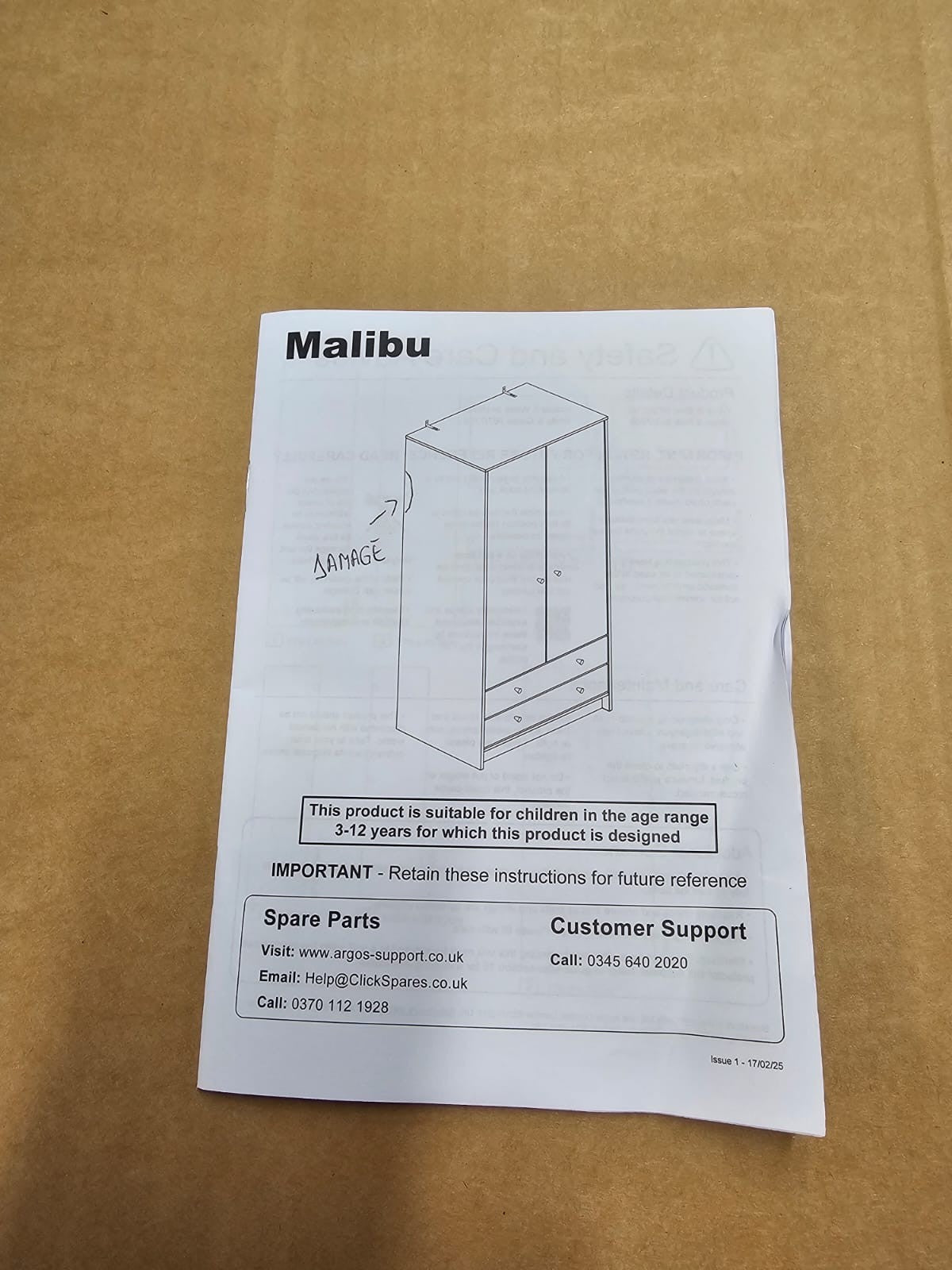 Kids Malibu 2 Door 2 Drawer Wardrobe - Pink & White ( B Grade )