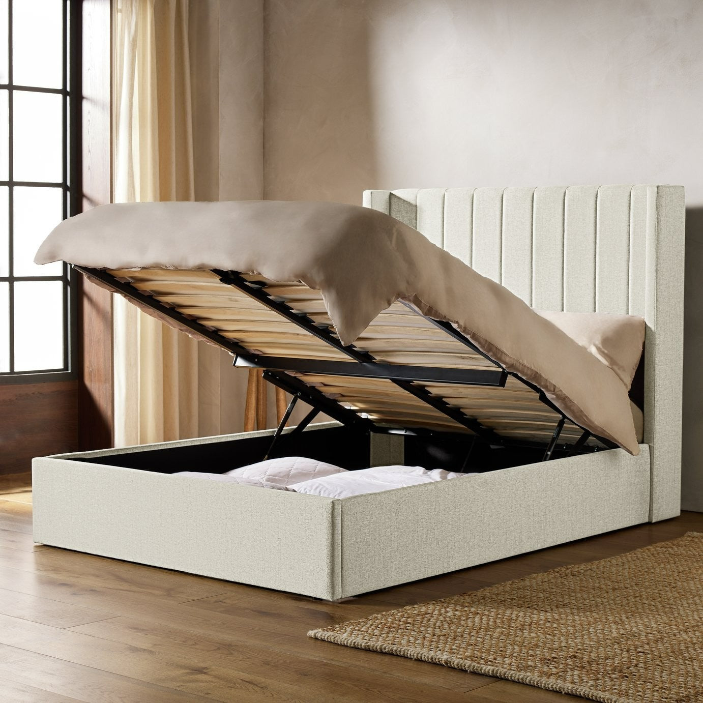 Kempley Double End Lift Ottoman Bed - Cream | Space Saving Sleep Solution