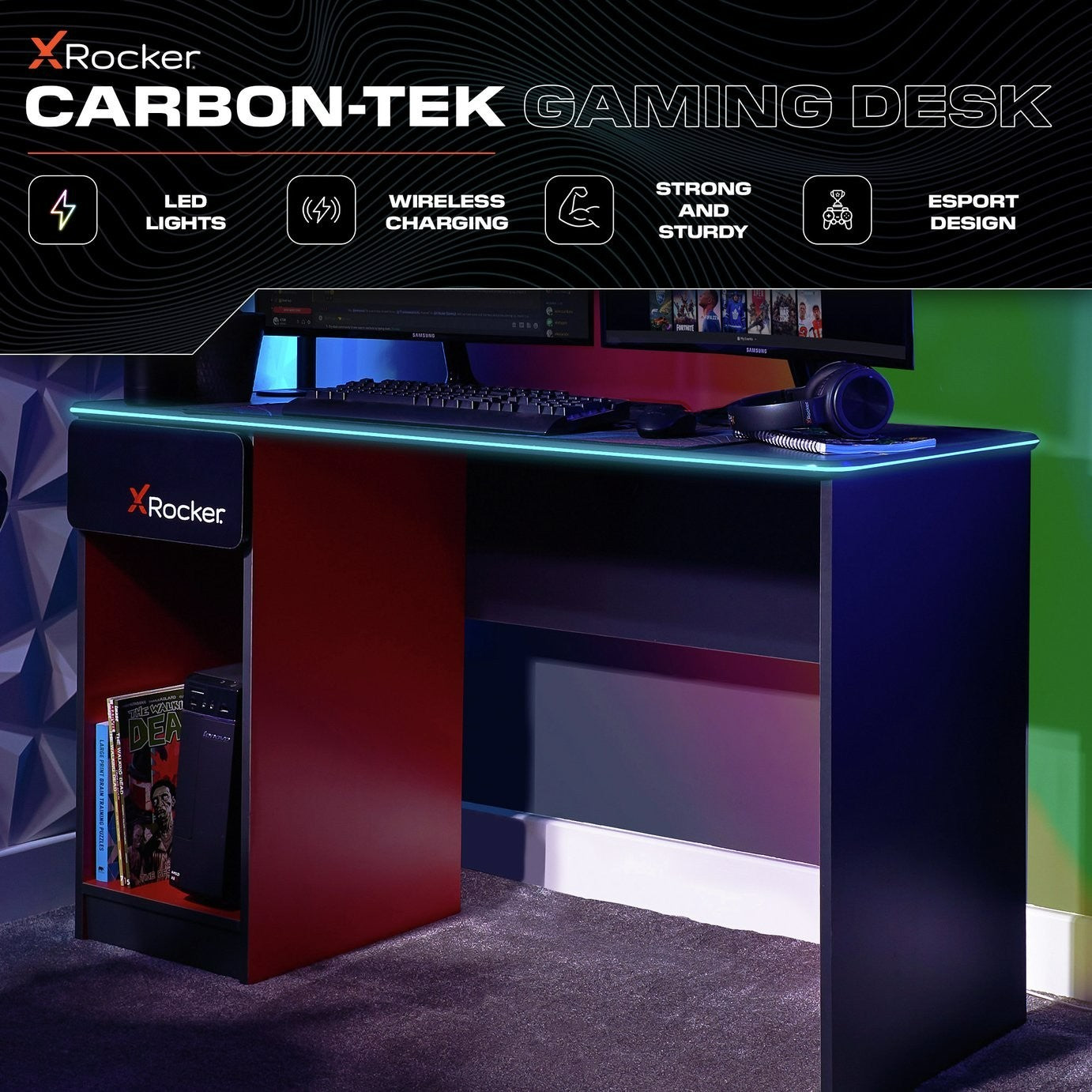 X Rocker Carbon Tek Gaming Desk - Black | Computer Desk With Lighting