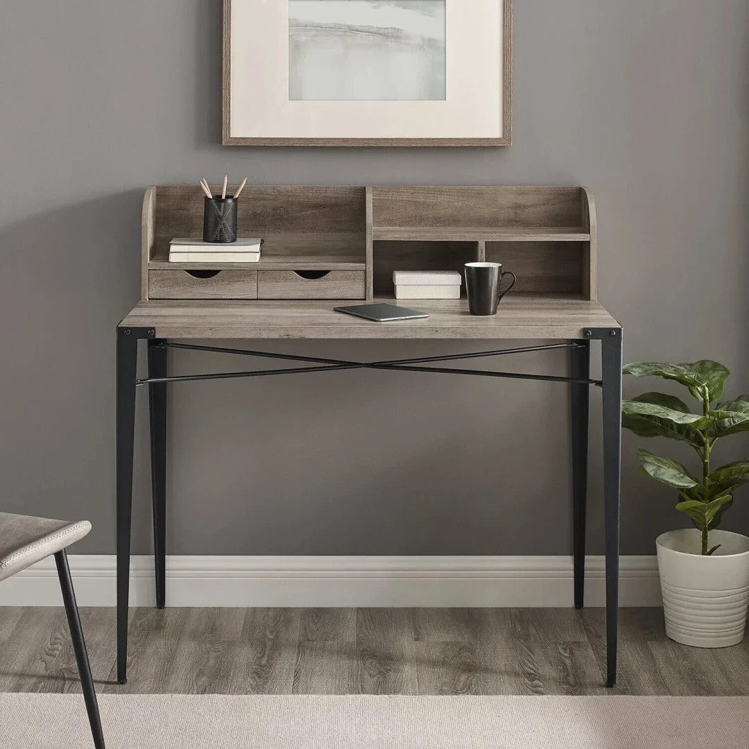 Walker Edison Nyla Angle Iron Desk with Hutch - Grey Wash