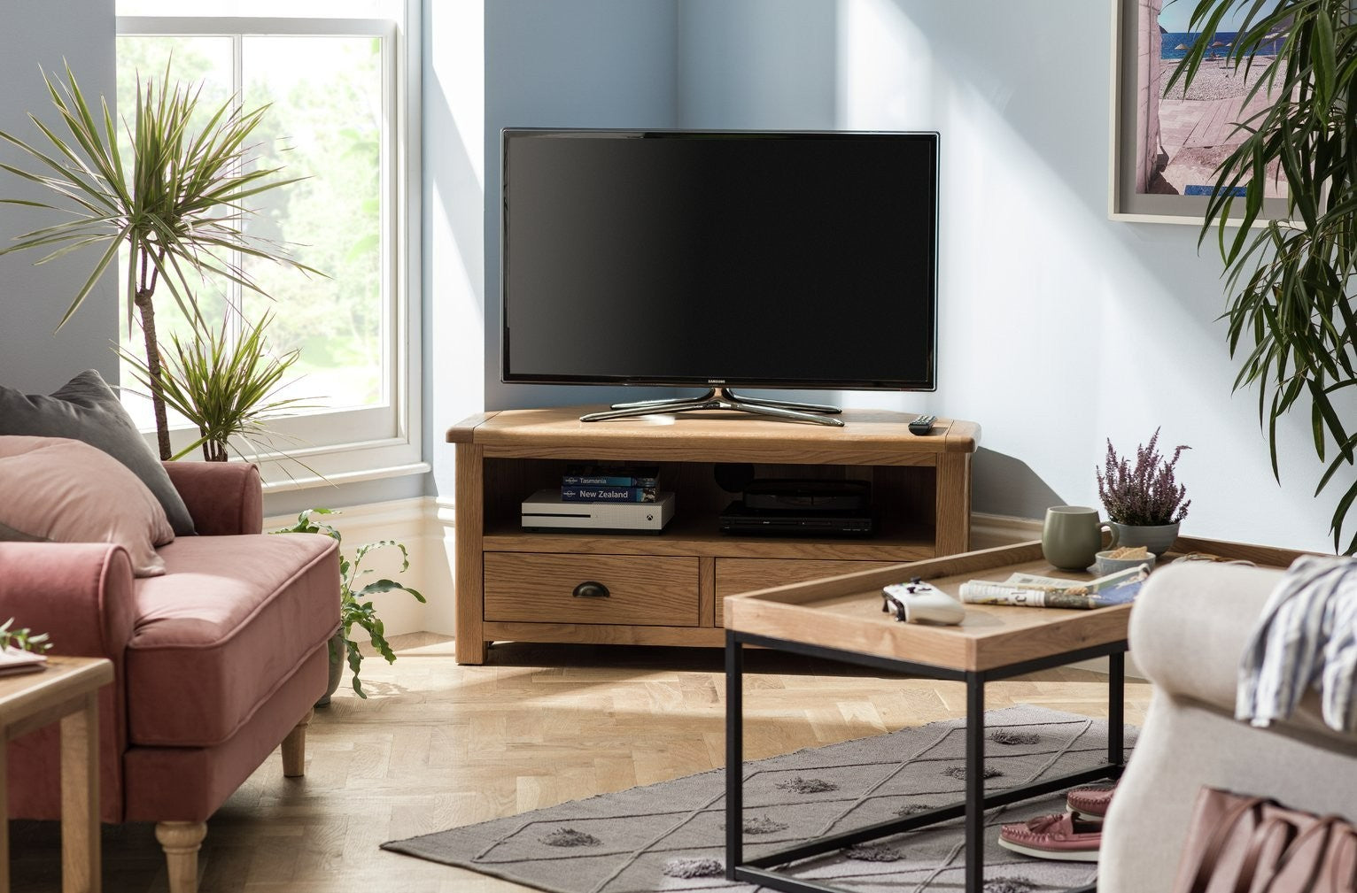 Home Kent 2 Drawer Corner Oak TV Unit - Natural | Space Saving Media Setup