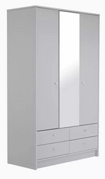Home Malibu 3 Door 4 Drawer Mirror Wardrobe - Grey | Modern Bedroom Storage