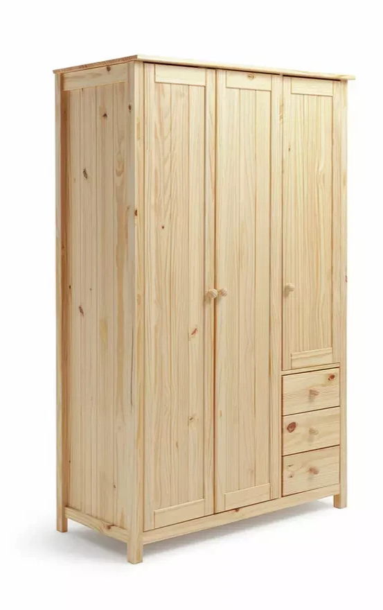Home Scandinavia 3 Door 3 Drawer Wardrobe Pine | Large Bedroom Storage Furniture