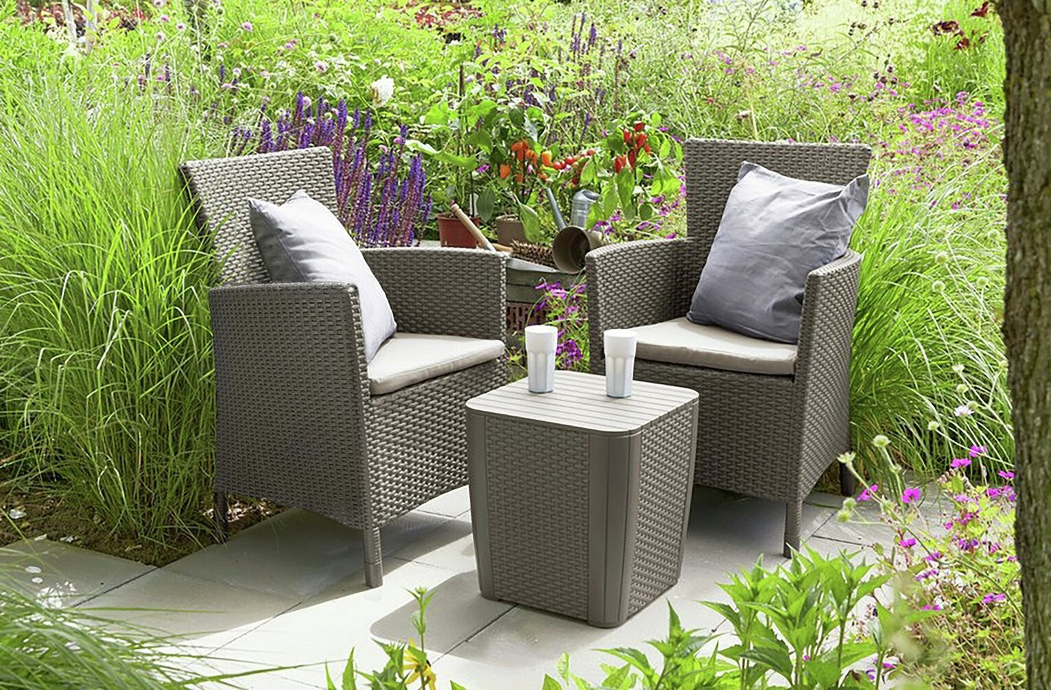 Keter Iowa 2 Seater Rattan Effect Garden Bistro Set Cream | Outdoor Patio Set