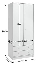 Malibu 2 Door 2 Drawer Wardrobe - White | Spacious Cupboard