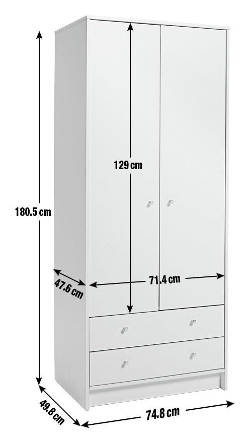 Malibu 2 Door 2 Drawer Wardrobe - White | Spacious Cupboard