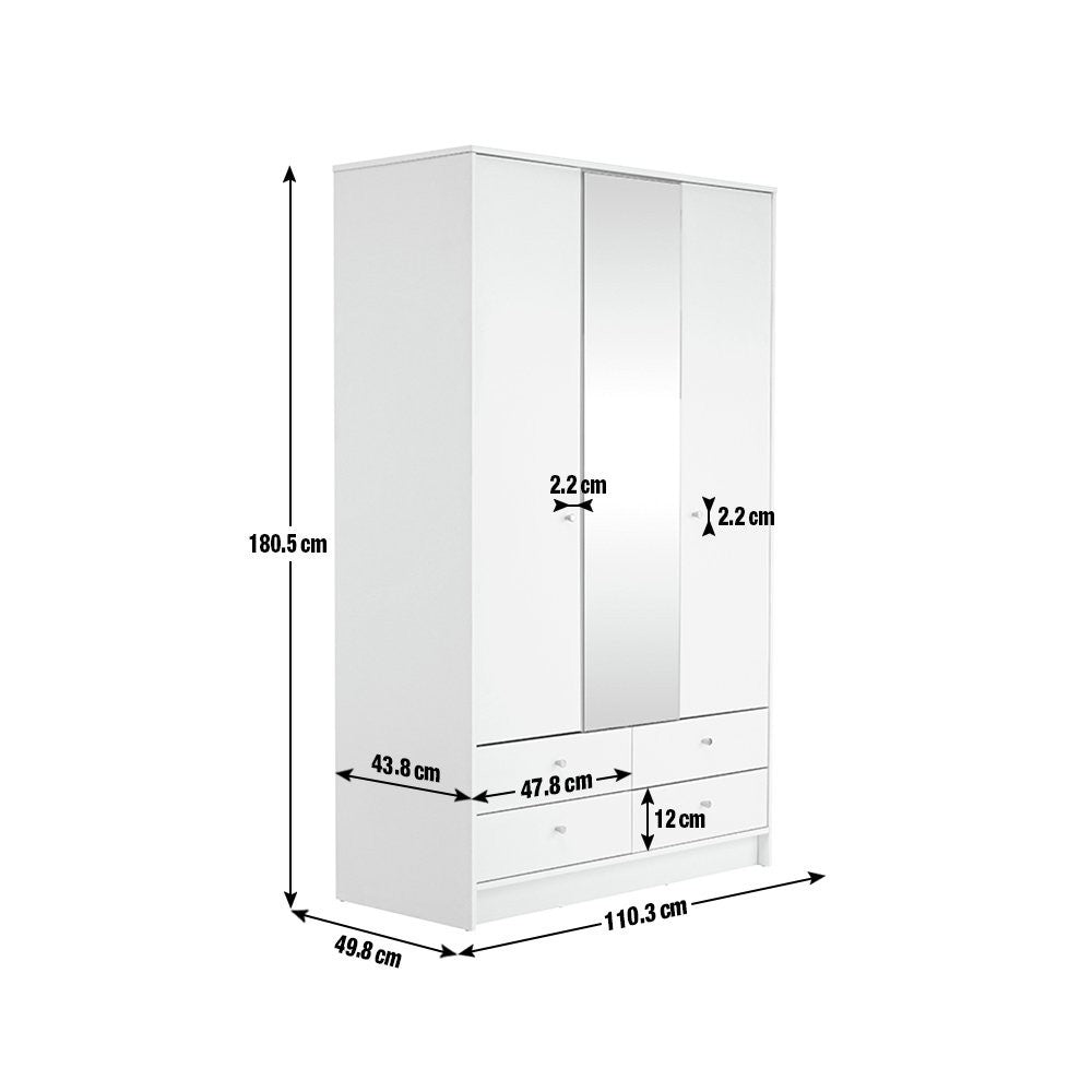 Home Malibu 3 Door 4 Drawer Mirror Wardrobe - White ( B Grade )
