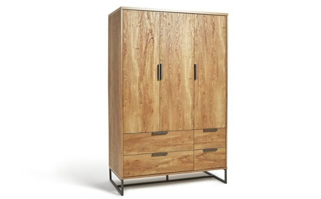 Nomad 3 Door 4 Drawer Wardrobe - Oak Effect | Industrial Style Bedroom Storage