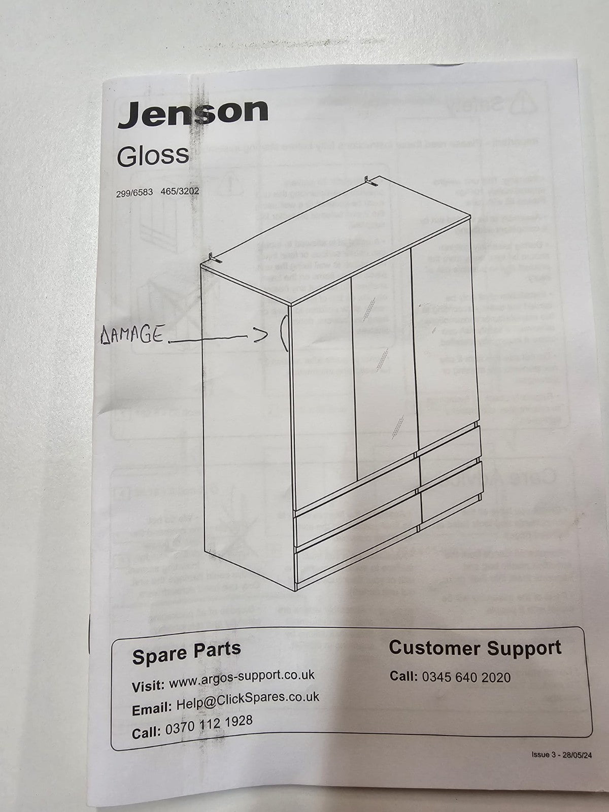 Jenson 3 Door 4 Drawer Mirror Wardrobe - White Gloss ( B Grade )