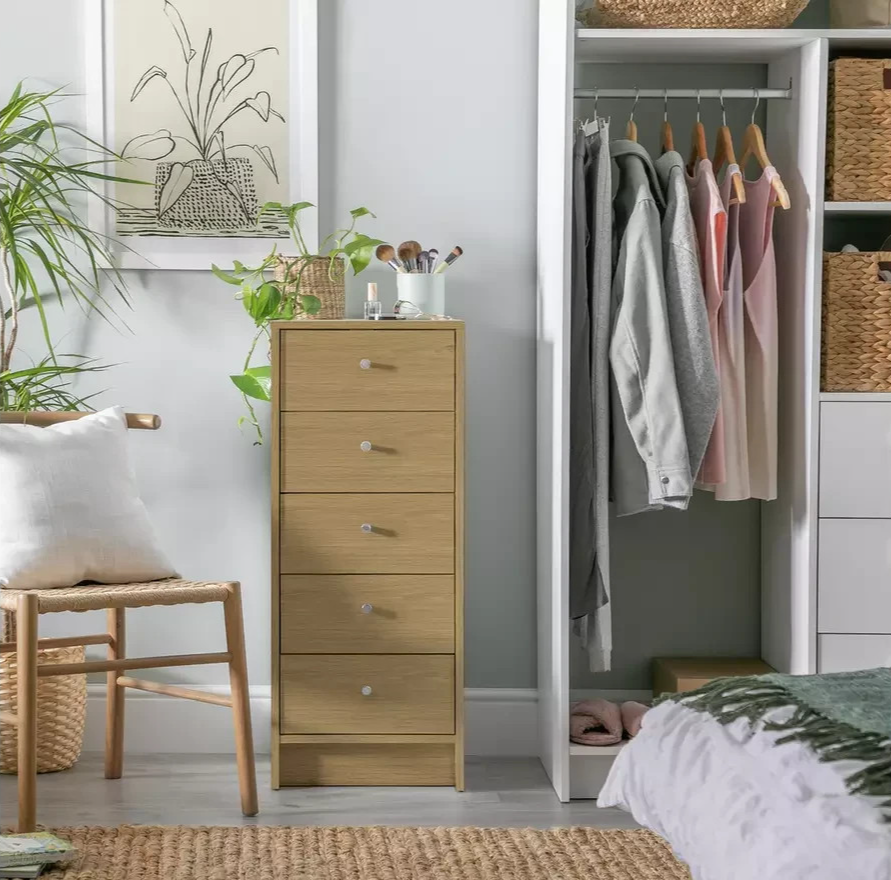 Home Malibu 5 Drawer Tallboy Oak Effect | Bedroom Storage Chest Cabinet