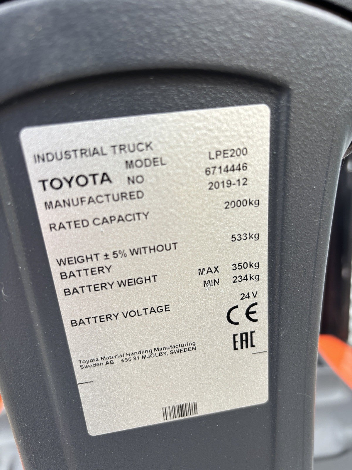 2019 TOYOTA LPE200 2000kg ELECTRIC PALLET TRUCK PEDESTRIAN FORKLIFT