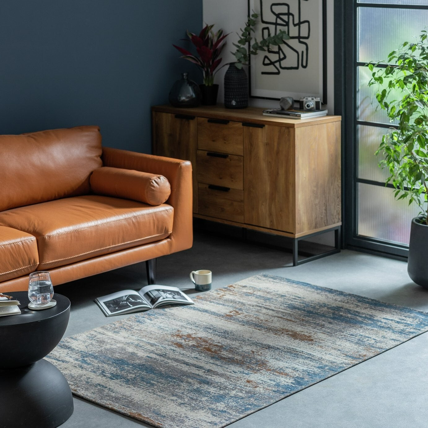 Habitat Distressed Abstract Blue Flatweave Rug - 230x160cm
