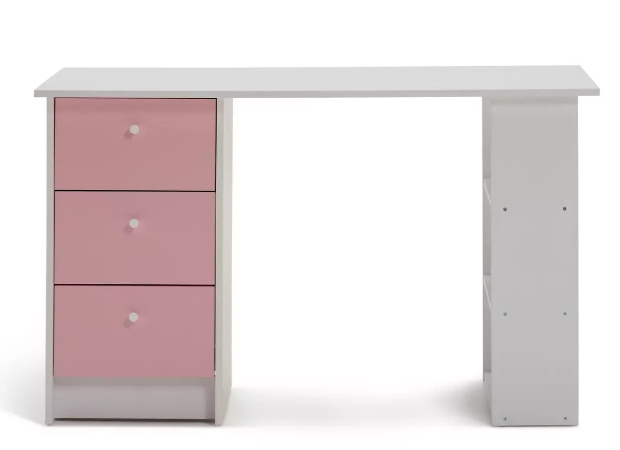 Home Kids Malibu 3 Drawers Desk - Pink & White | Sturdy Computer Desk Modern