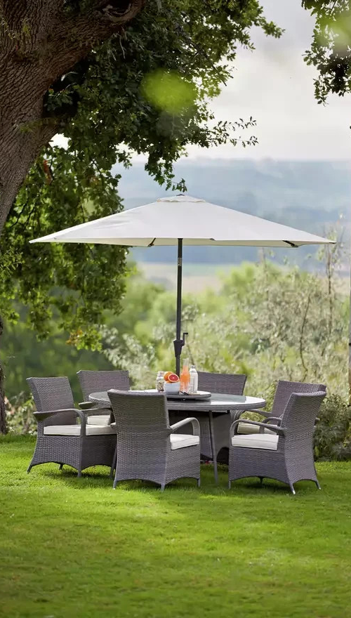 Seychelles 6 Seater Rattan Effect Round Dining Table Grey | Outdoor Garden Patio