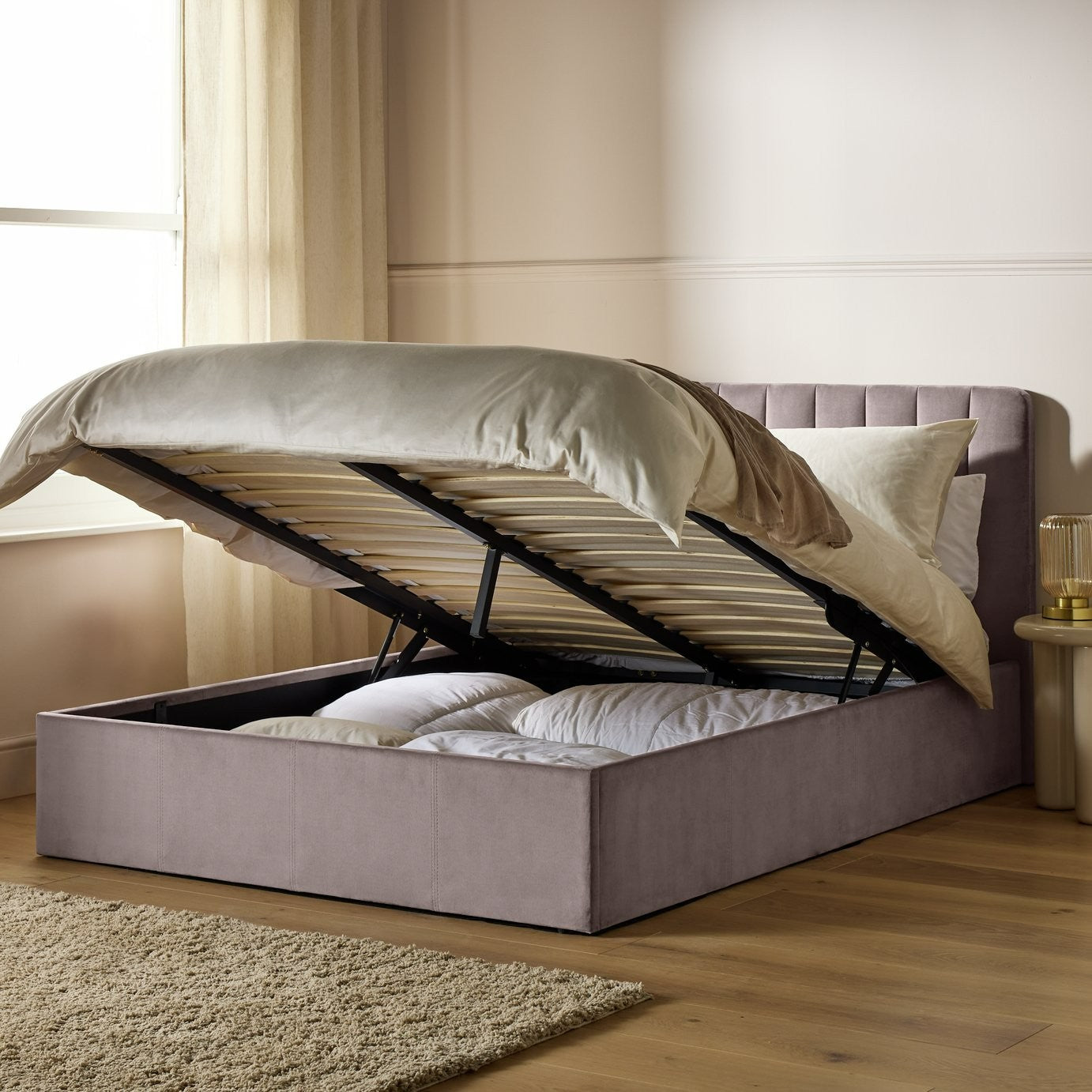 Home Pandora Kingsize End Lift Ottoman Bed - Taupe | Cozy Bedroom Atmosphere