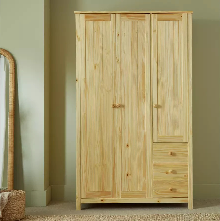 Home Scandinavia 3 Door 3 Drawer Wardrobe Pine | Large Bedroom Storage Furniture