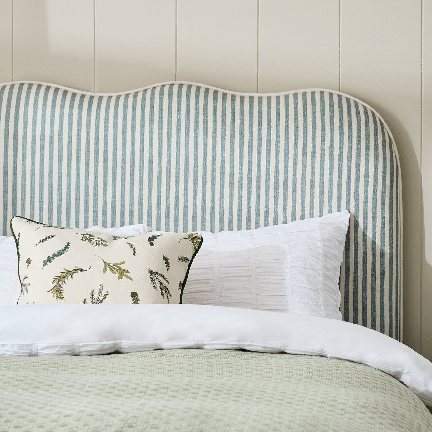 Onda Linen Kingsize Headboard - Stripe Sage | Luxe touch headboard
