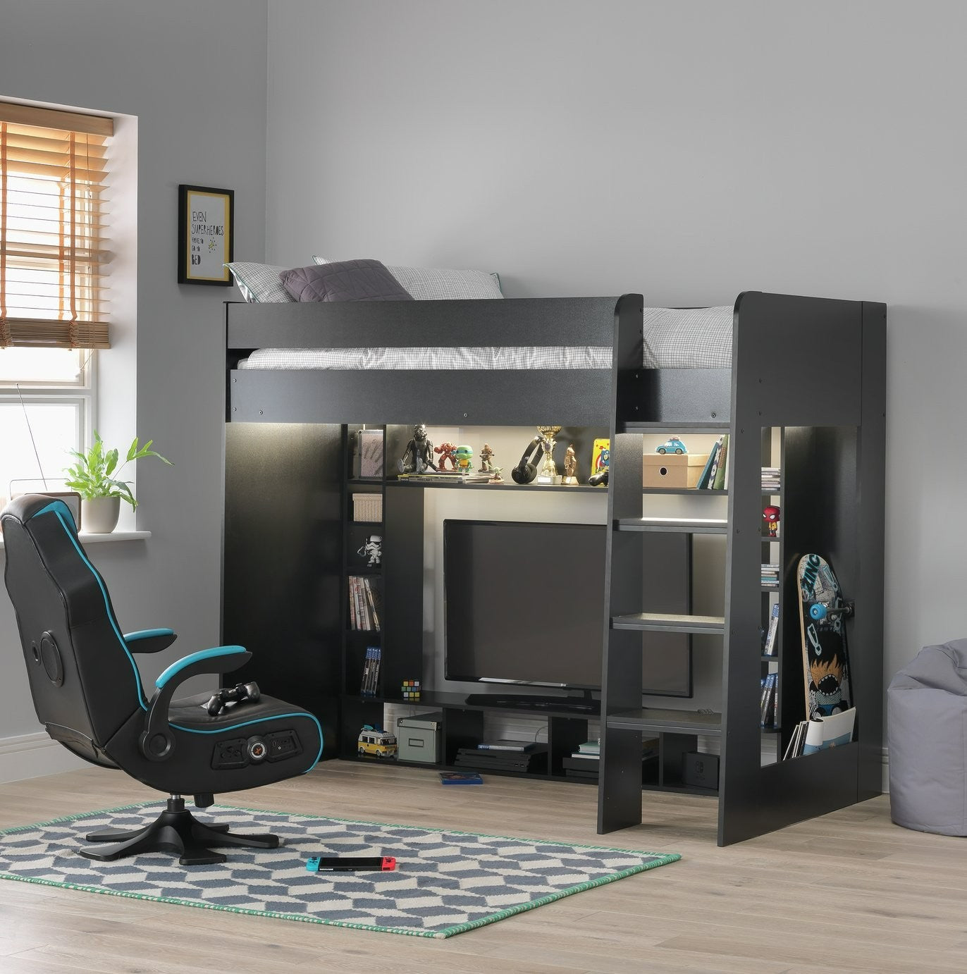 Gaming High Sleeper Bed - Black | Multimedia Room Station