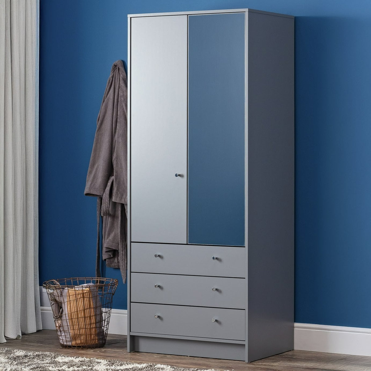 Home Malibu 2 Door 3 Drawer Mirror Wardrobe - Grey (B GRADE 1091.)